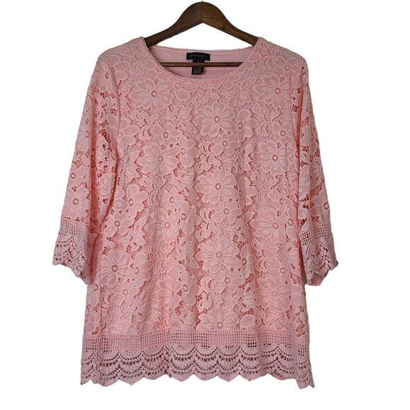 Investment Womens Size Large Floral Crochet Lace Overlay Peach Blouse 3/4 Sleeve - Picture 1 of 11